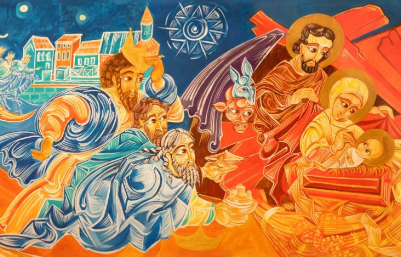 Fresco of Tree Magi in the church Chiesa di San Giovanni Battista di Coriano by Franco Vignazia.